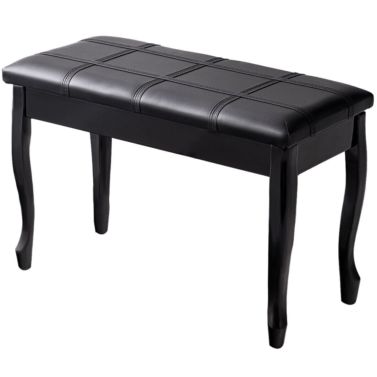 Leather Piano Bench with Storage Compartment and Wooden Legs Black